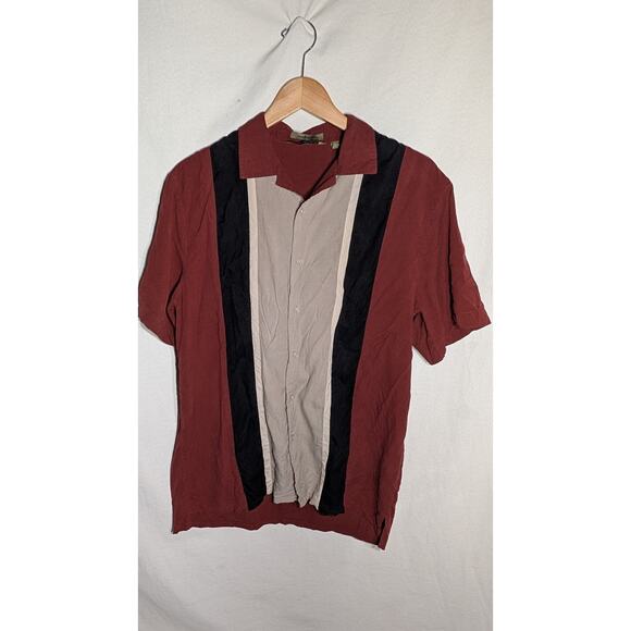 Axist Mens 100% Silk Bowling Shirt Sz Medium Red Striped Short Sleeve Collared - Picture 5 of 7